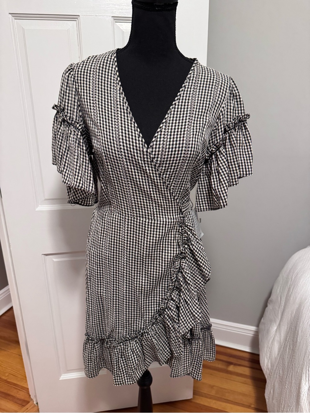 NWT Max Studio Black and White Gingham Wrap Mini Dress